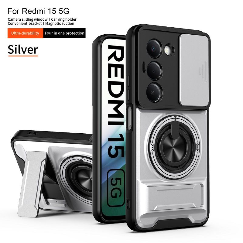Luxury Slide Camera Lens Case Protective Cover for Xiaomi Redmi 15 (6.9" inch) Magnetic Kickstand Phone Case