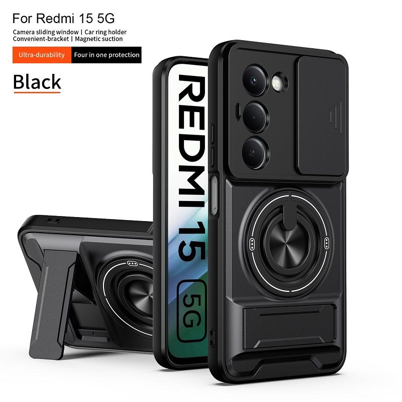 Luxury Slide Camera Lens Case Protective Cover for Xiaomi Redmi 15 (6.9" inch) Magnetic Kickstand Phone Case