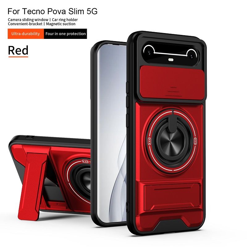 Luxury Slide Camera Lens Case Protective Cover for Tecno Spark Slim (6.78" inch), Tecno Pova Slim (6.78" inch) Magnetic Kickstand Phone Case
