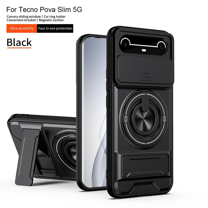 Luxury Slide Camera Lens Case Protective Cover for Tecno Spark Slim (6.78" inch), Tecno Pova Slim (6.78" inch) Magnetic Kickstand Phone Case