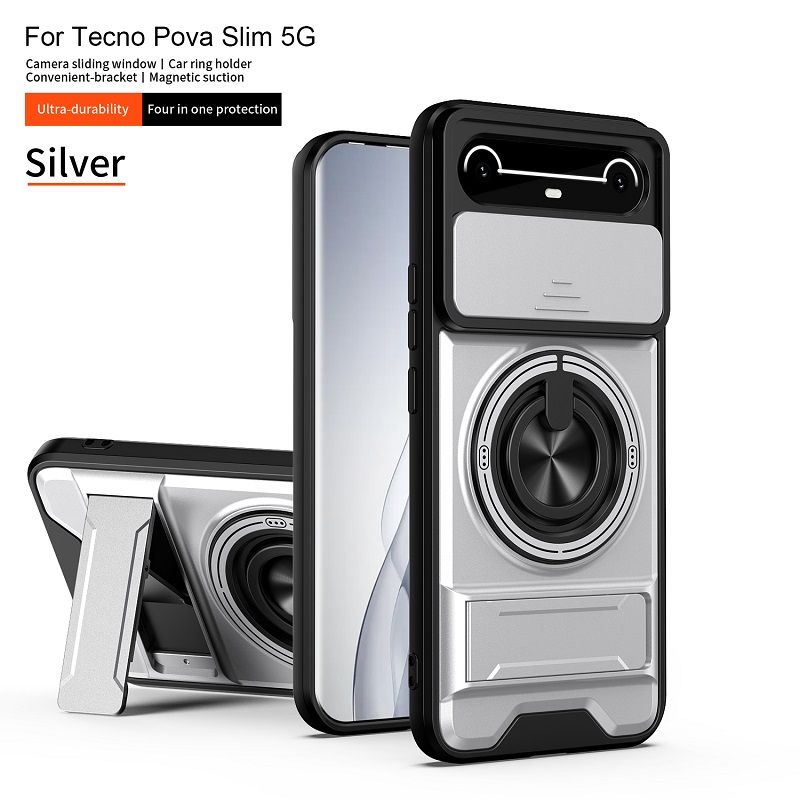Luxury Slide Camera Lens Case Protective Cover for Tecno Spark Slim (6.78" inch), Tecno Pova Slim (6.78" inch) Magnetic Kickstand Phone Case