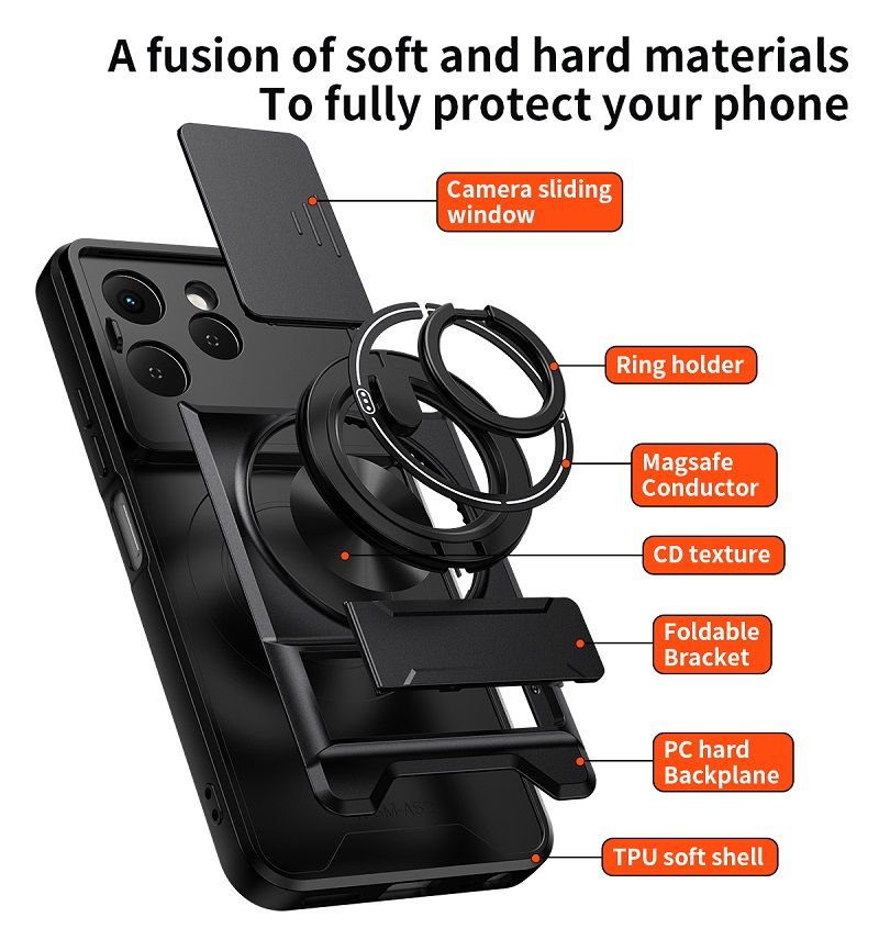 Luxury Slide Camera Lens Case Protective Cover for Tecno Spark 40 4G (6.67" inch) Magnetic Kickstand Phone Case