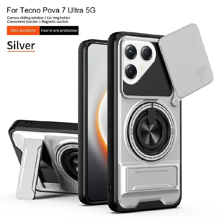 Luxury Slide Camera Lens Case Protective Cover for Tecno Pova 7 Ultra 5G (6.67" inch) Magnetic Kickstand Phone Case