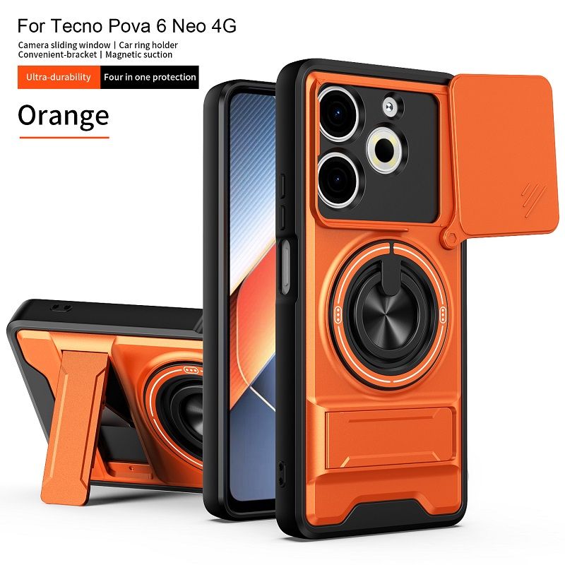 Luxury Slide Camera Lens Case Protective Cover for Tecno Pova 6 Neo 4G (6.78" inch) Magnetic Kickstand Phone Case