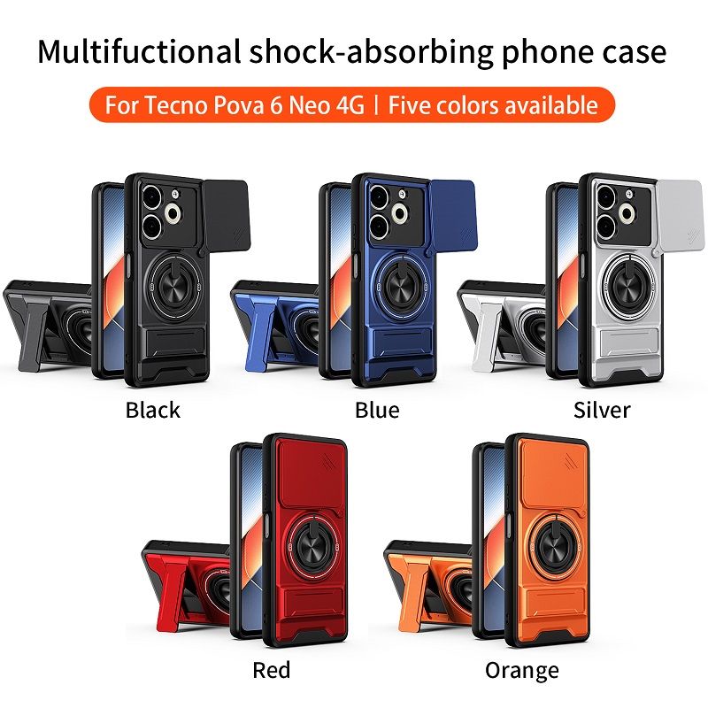 Luxury Slide Camera Lens Case Protective Cover for Tecno Pova 6 Neo 4G (6.78" inch) Magnetic Kickstand Phone Case