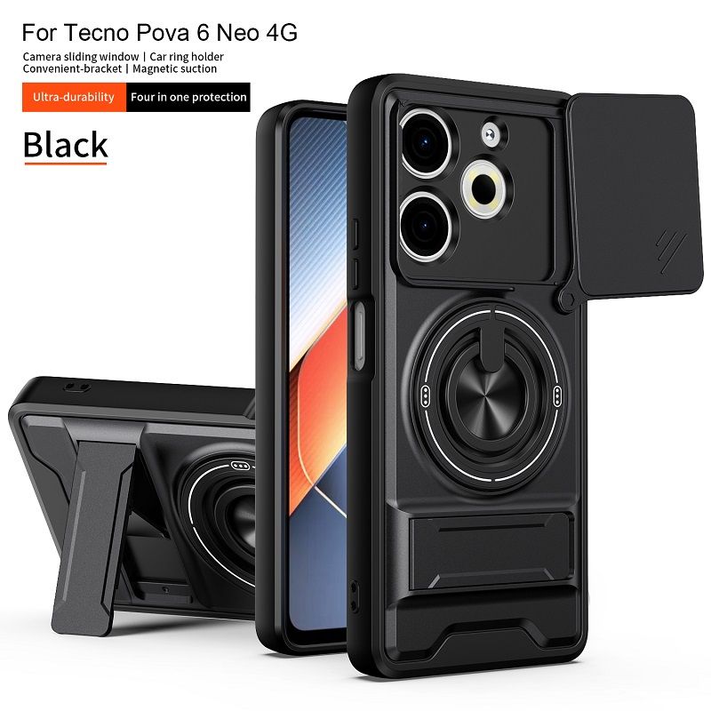 Luxury Slide Camera Lens Case Protective Cover for Tecno Pova 6 Neo 4G (6.78" inch) Magnetic Kickstand Phone Case