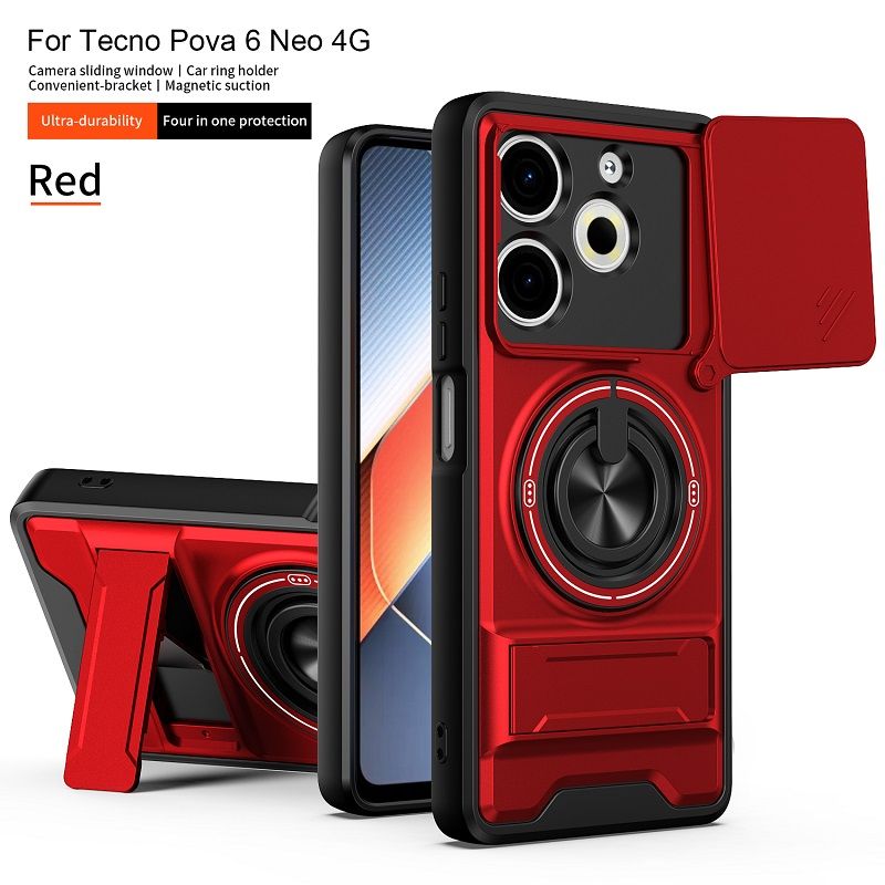 Luxury Slide Camera Lens Case Protective Cover for Tecno Pova 6 Neo 4G (6.78" inch) Magnetic Kickstand Phone Case