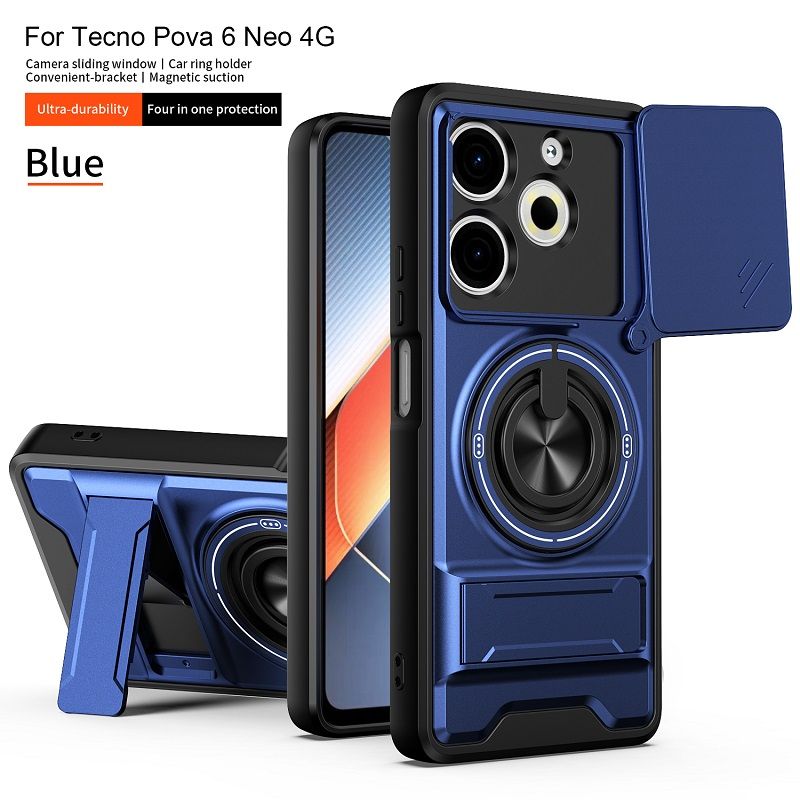 Luxury Slide Camera Lens Case Protective Cover for Tecno Pova 6 Neo 4G (6.78" inch) Magnetic Kickstand Phone Case