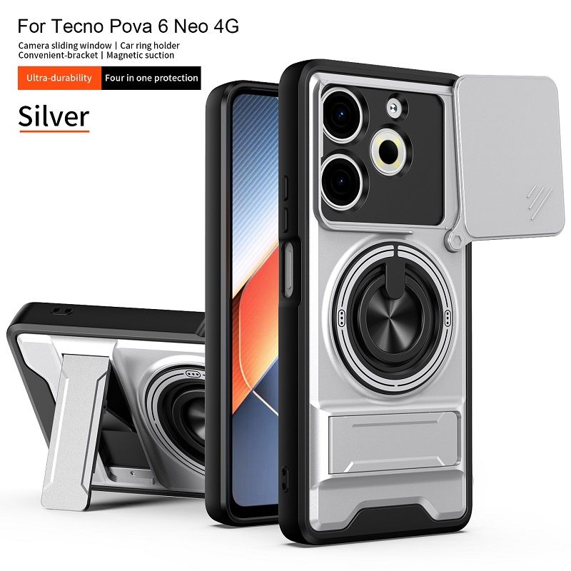 Luxury Slide Camera Lens Case Protective Cover for Tecno Pova 6 Neo 4G (6.78" inch) Magnetic Kickstand Phone Case