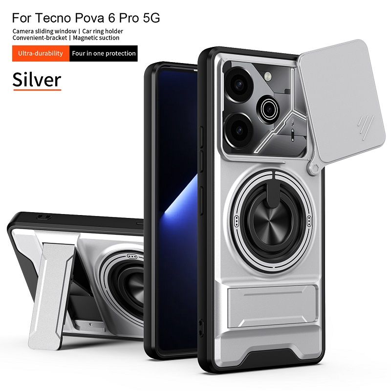 Luxury Slide Camera Lens Case Protective Cover for Tecno Pova 6 Pro 5G (6.78" inch) Magnetic Kickstand Phone Case