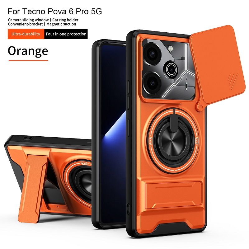 Luxury Slide Camera Lens Case Protective Cover for Tecno Pova 6 Pro 5G (6.78" inch) Magnetic Kickstand Phone Case