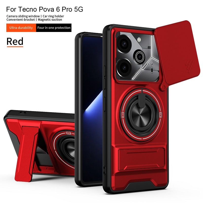 Luxury Slide Camera Lens Case Protective Cover for Tecno Pova 6 Pro 5G (6.78" inch) Magnetic Kickstand Phone Case