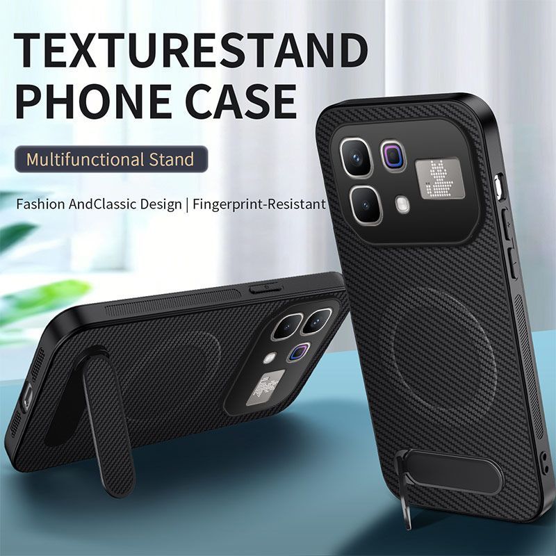 Magnetic Matte Carbon Fiber Texture Leather Back Case & Stand for Infinix Note 60 Pro Wireless Charging Cover