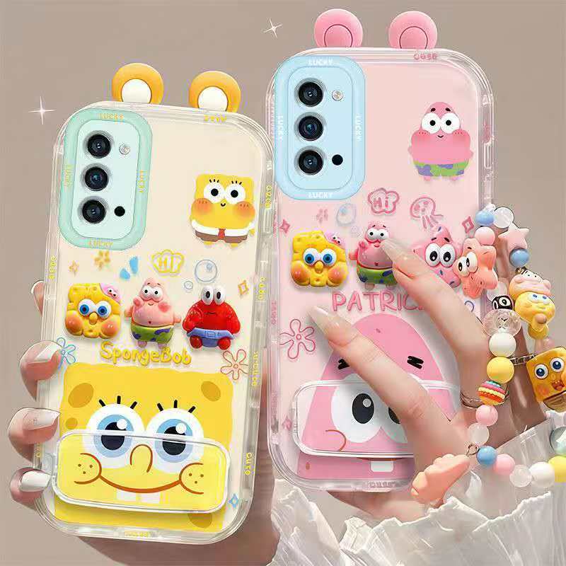 Suitable for Oppo Reno4 Pro 5G Cute 3D SpongeBob and Patrick mirror stand TPU soft silicone phone case