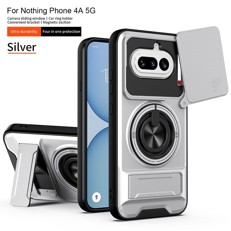 Luxury Slide Camera Lens Cover Case for Nothing Phone (4a), Built-in Ring Stand and Folding Stand Magnetic Protective Case