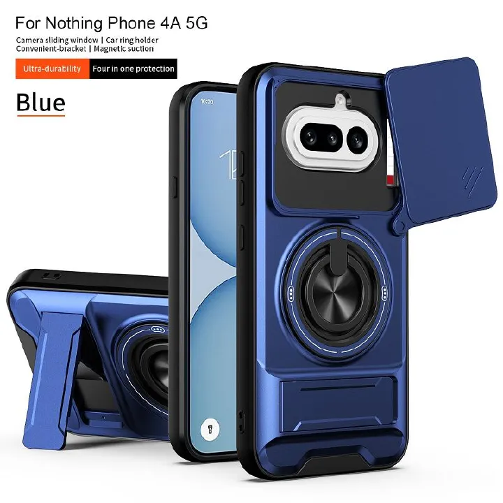 Luxury Slide Camera Lens Cover Case for Nothing Phone (4a), Built-in Ring Stand and Folding Stand Magnetic Protective Case
