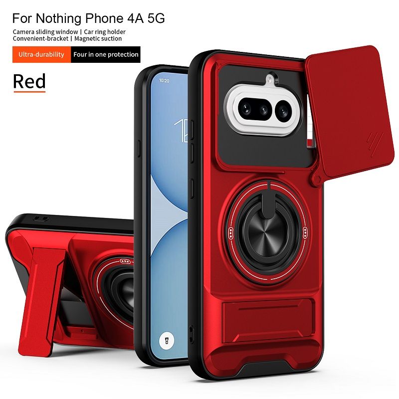 Luxury Slide Camera Lens Cover Case for Nothing Phone (4a), Built-in Ring Stand and Folding Stand Magnetic Protective Case