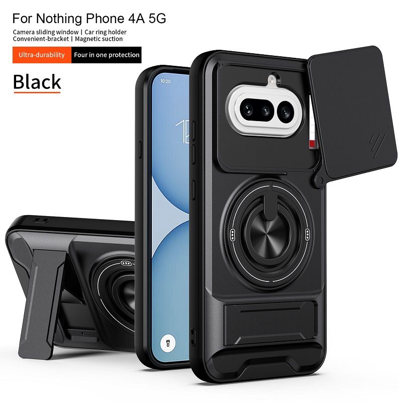 Luxury Slide Camera Lens Cover Case for Nothing Phone (4a), Built-in Ring Stand and Folding Stand Magnetic Protective Case