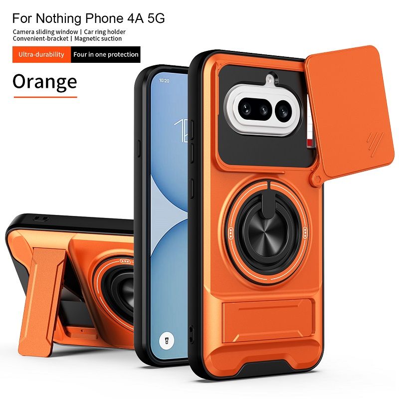 Luxury Slide Camera Lens Cover Case for Nothing Phone (4a), Built-in Ring Stand and Folding Stand Magnetic Protective Case