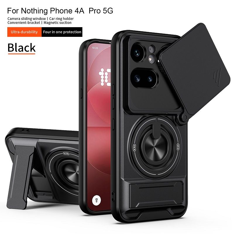 Luxury Slide Camera Lens Cover Case for Nothing Phone (4a) Pro, Built-in Ring Stand and Folding Stand Magnetic Protective Case