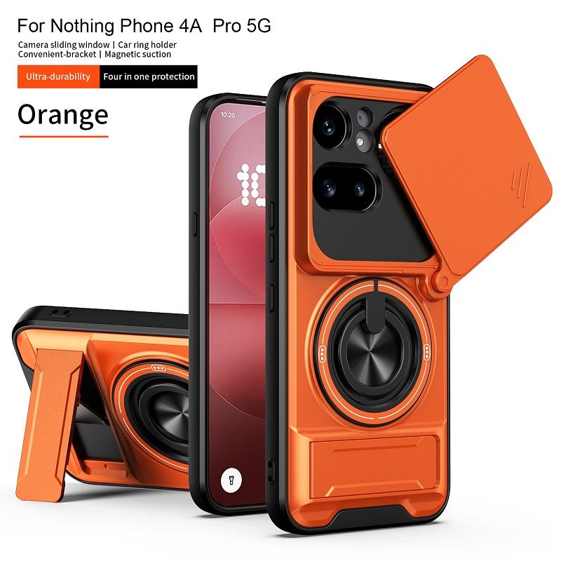 Luxury Slide Camera Lens Cover Case for Nothing Phone (4a) Pro, Built-in Ring Stand and Folding Stand Magnetic Protective Case