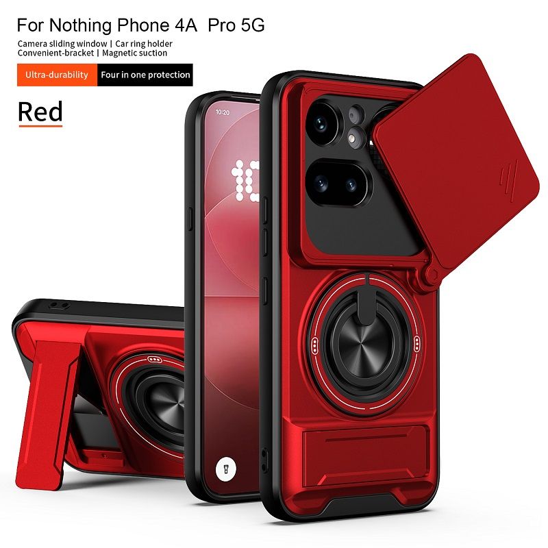 Luxury Slide Camera Lens Cover Case for Nothing Phone (4a) Pro, Built-in Ring Stand and Folding Stand Magnetic Protective Case