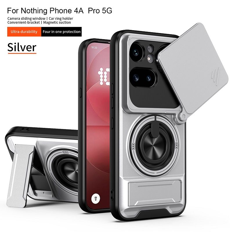 Luxury Slide Camera Lens Cover Case for Nothing Phone (4a) Pro, Built-in Ring Stand and Folding Stand Magnetic Protective Case