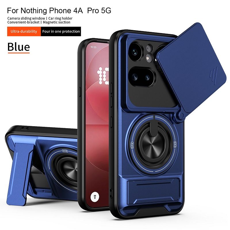 Luxury Slide Camera Lens Cover Case for Nothing Phone (4a) Pro, Built-in Ring Stand and Folding Stand Magnetic Protective Case