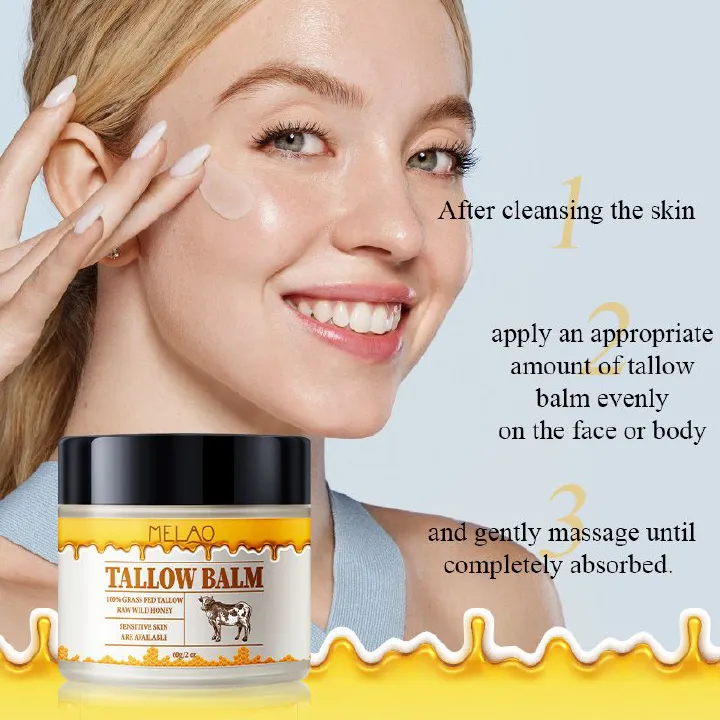 MELAO Tallow Balm - 1 bottle 60g  Made with 100% Grass Fed Tallow & Raw Wild Honey - Gentle Solution for Sensitive Skin
