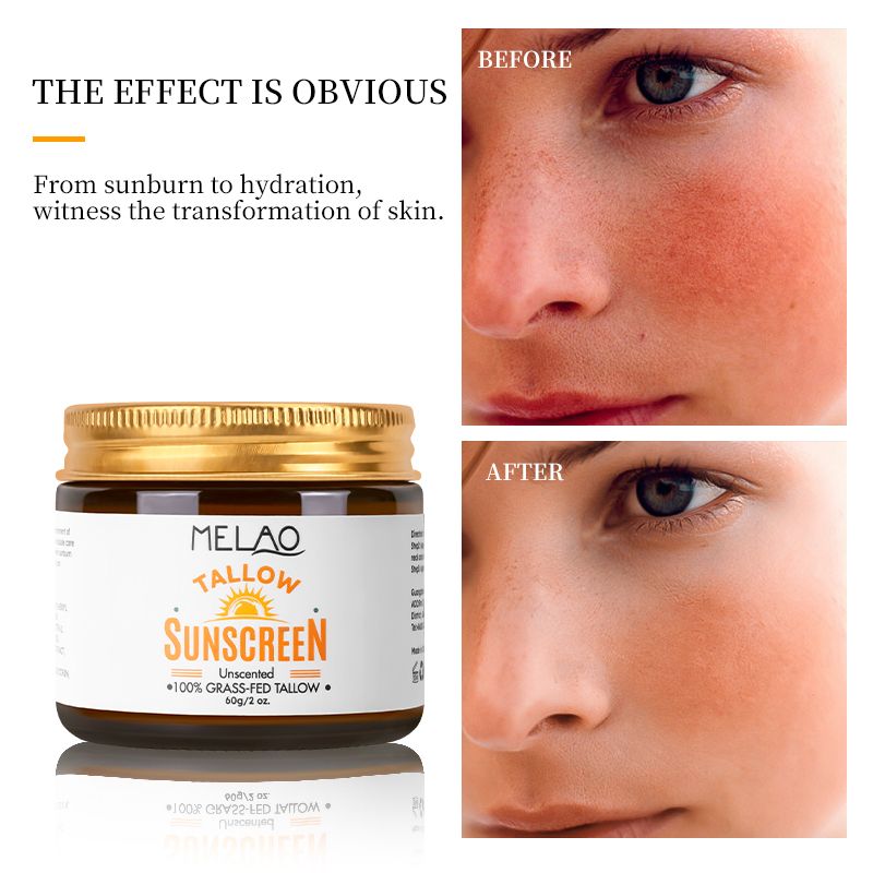 Private Label Natural Facial Sunblock 100% Grass Fed Sun Lotion Beef Tallow and Zinc Sun Balm Tallow Sunscreen  1 bottle 60g
