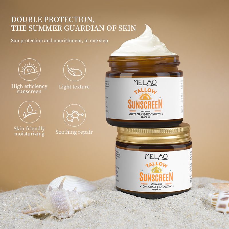 Private Label Natural Facial Sunblock 100% Grass Fed Sun Lotion Beef Tallow and Zinc Sun Balm Tallow Sunscreen  1 bottle 60g