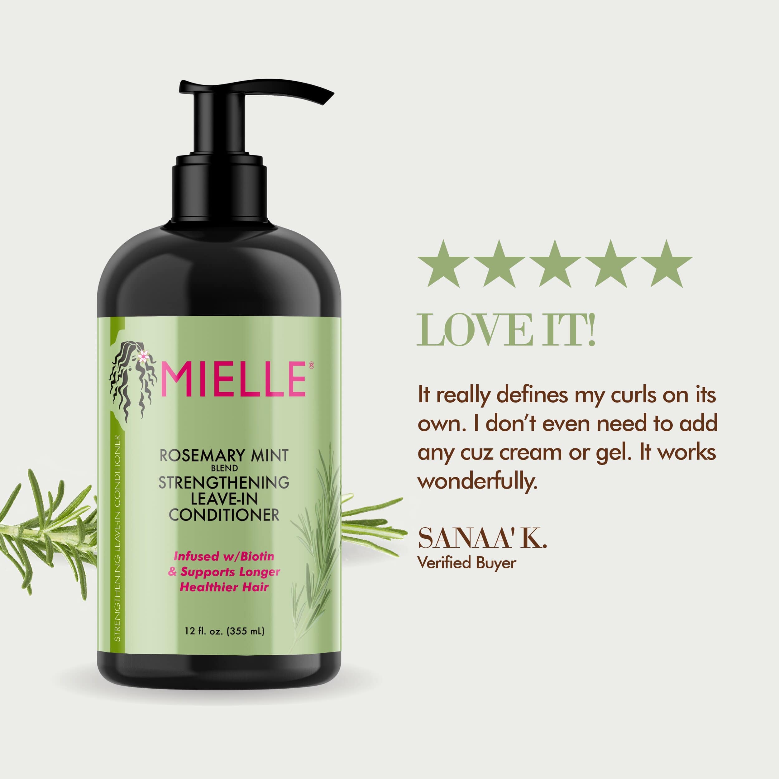 Mielle Organics Rosemary Mint Strengthening Leave-In Conditioner, Boosts Hair Strength, Smoothing Conditioner, For Dry and Frizzy Hair, Promotes Hair Growth  1 bottle 355ml