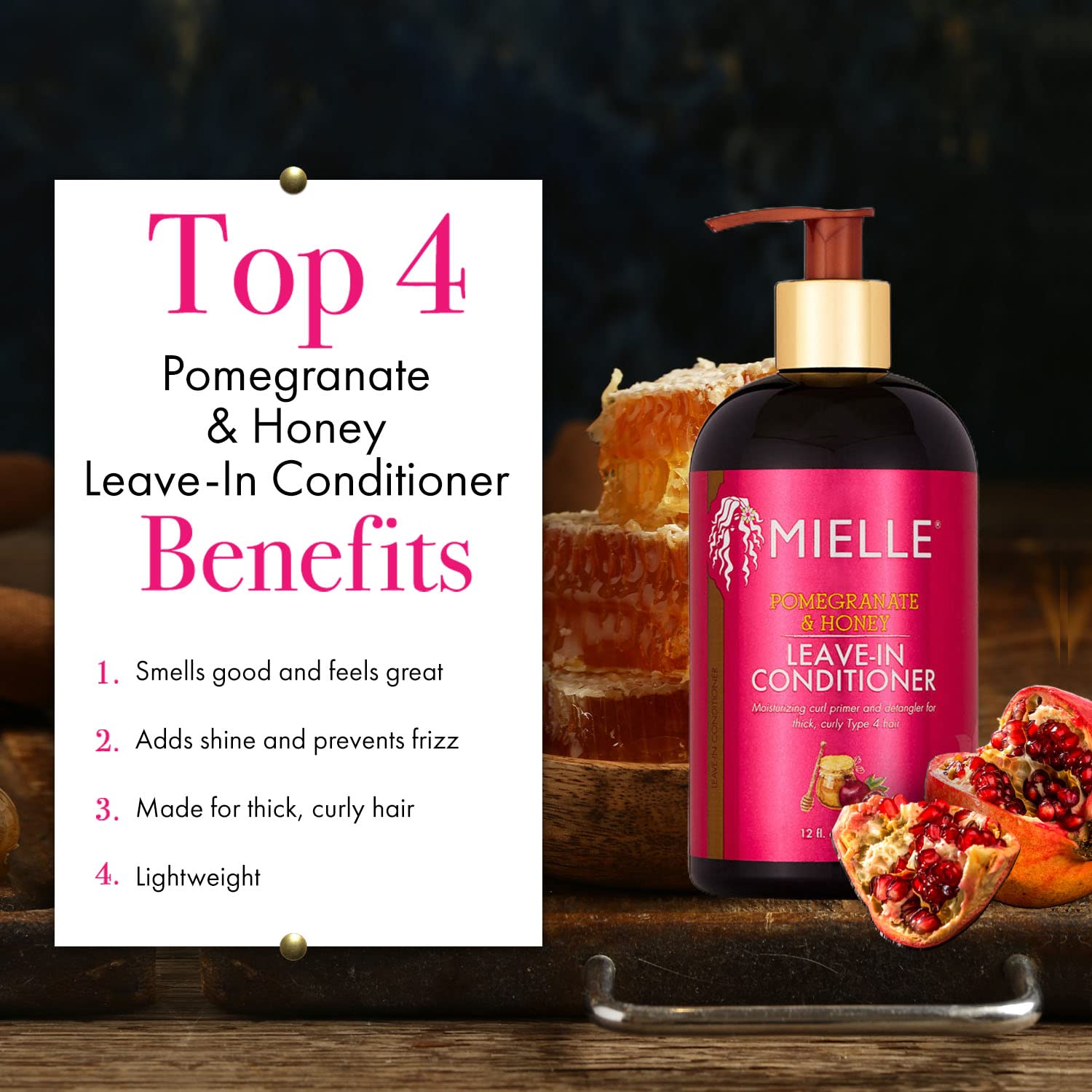 Mielle Organics Pomegranate Honey Leave-In Conditioner, Moisturizing Curl Primer and Detangler, Repairs Damage, Prevents Frizz, For Type 4 Thick Curly Hair, Promotes Hair Growth  1 bottle 355ml