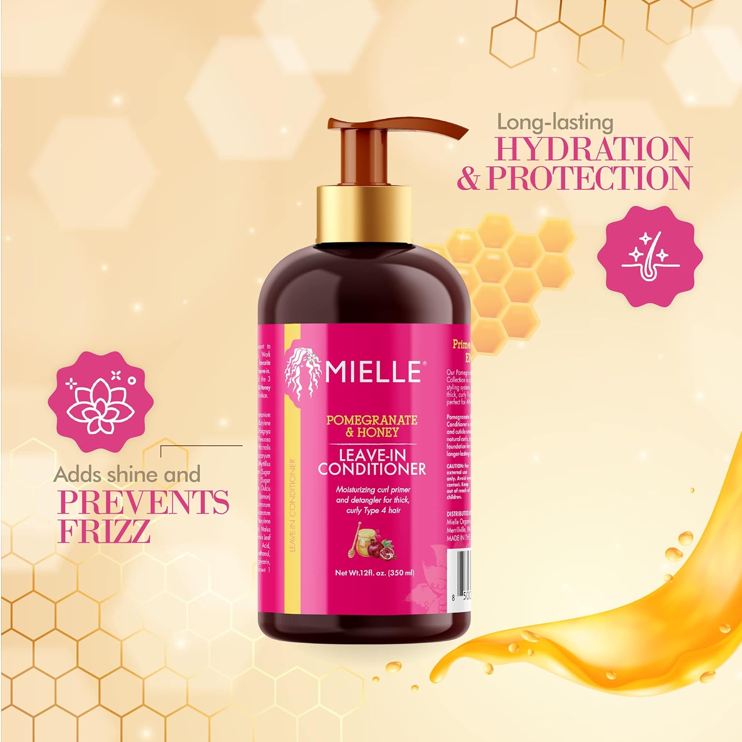Mielle Organics Pomegranate Honey Leave-In Conditioner, Moisturizing Curl Primer and Detangler, Repairs Damage, Prevents Frizz, For Type 4 Thick Curly Hair, Promotes Hair Growth  1 bottle 355ml