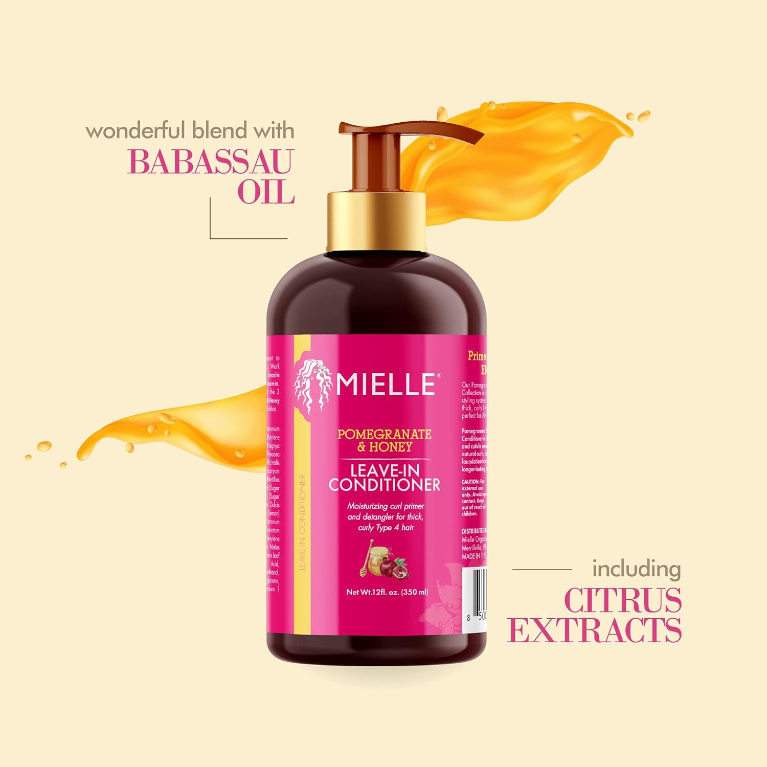 Mielle Organics Pomegranate Honey Leave-In Conditioner, Moisturizing Curl Primer and Detangler, Repairs Damage, Prevents Frizz, For Type 4 Thick Curly Hair, Promotes Hair Growth  1 bottle 355ml