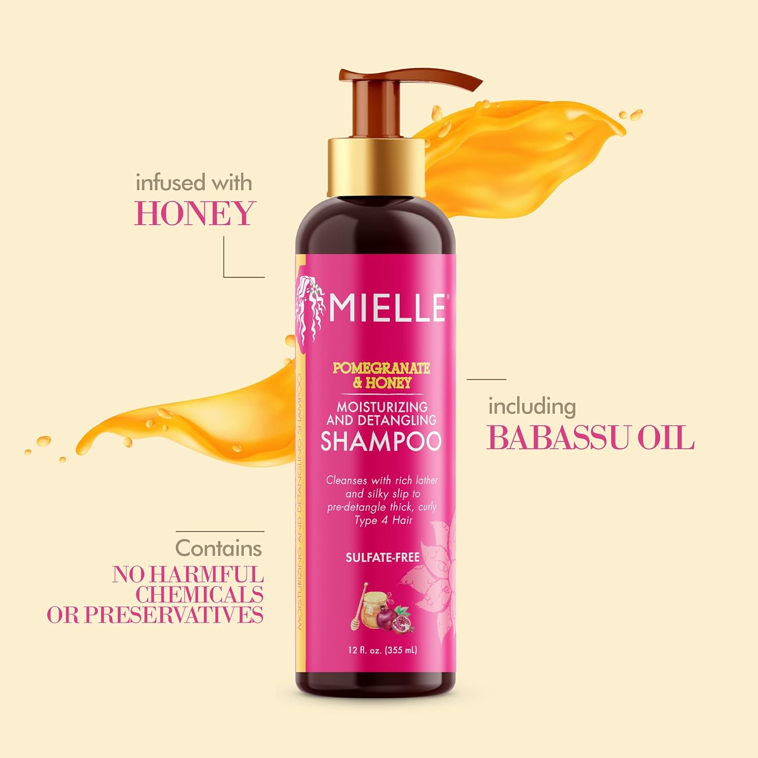 Mielle Organics Pomegranate Honey Moisturizing Detangling Shampoo, Moisturizing Curl Cleanser for Dry, Damaged Type 4 Hair, Repairs, Restores and Prevents Frizz, Promotes Hair Growth  1 bottle 355ml