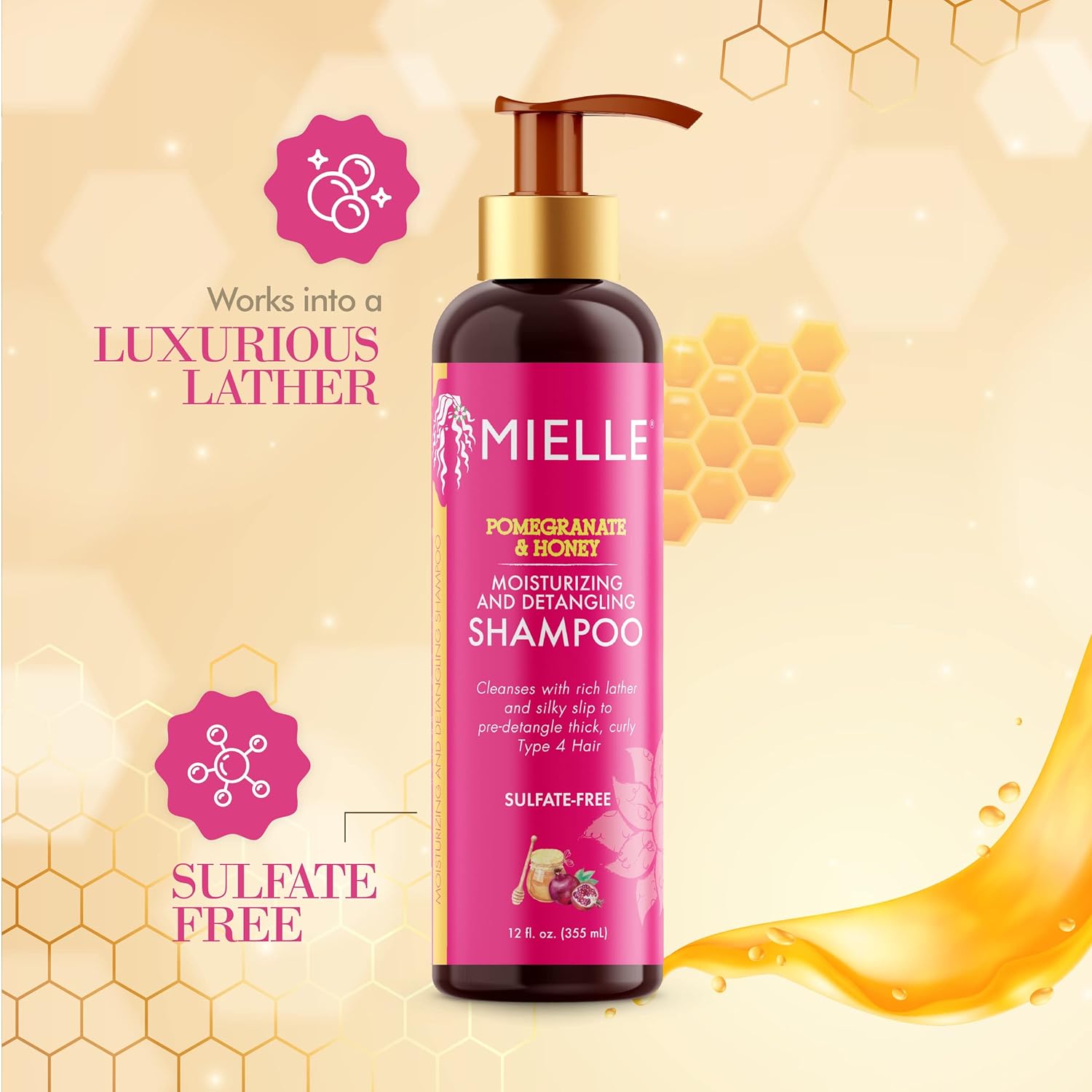 Mielle Organics Pomegranate Honey Moisturizing Detangling Shampoo, Moisturizing Curl Cleanser for Dry, Damaged Type 4 Hair, Repairs, Restores and Prevents Frizz, Promotes Hair Growth  1 bottle 355ml