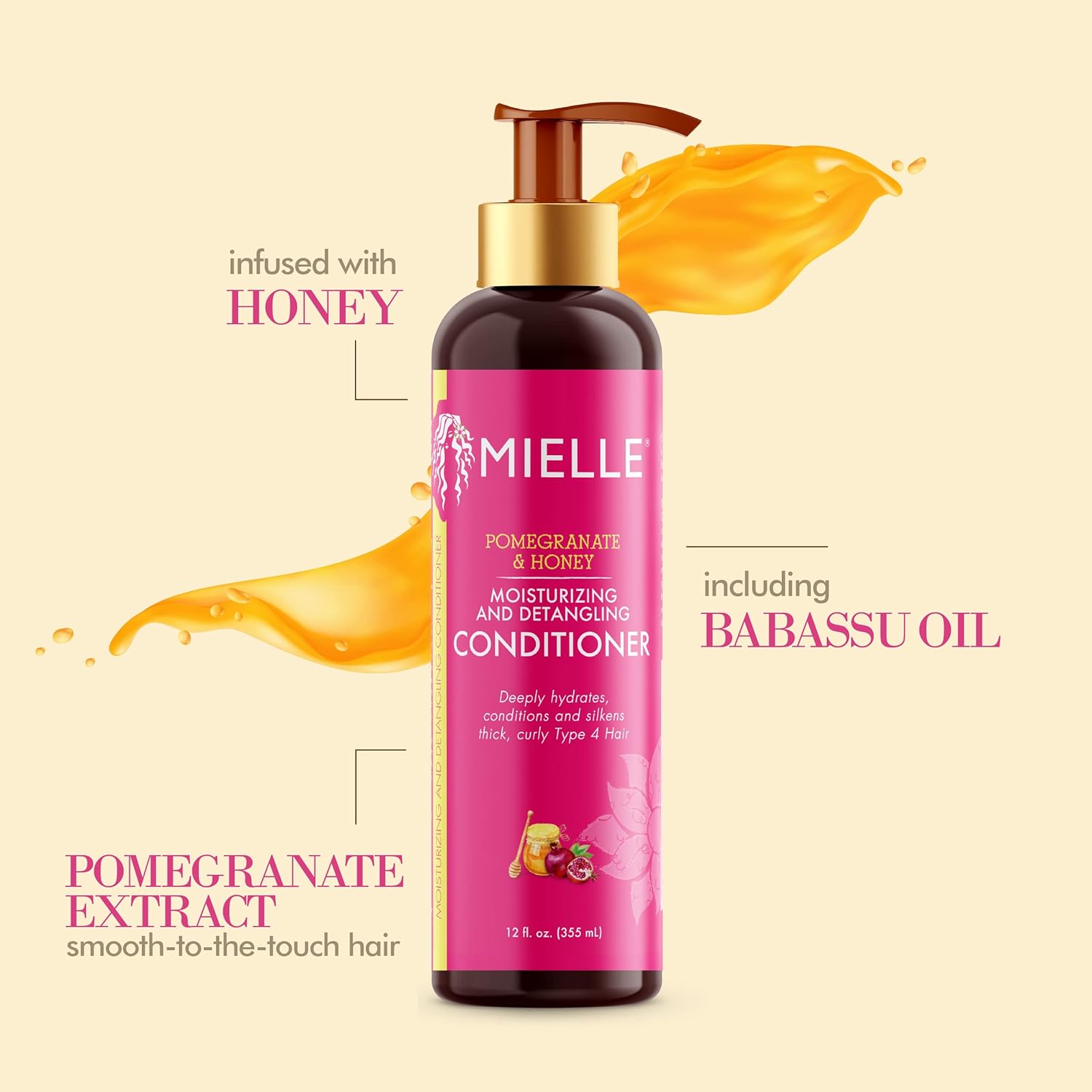 Mielle Organics Pomegranate Honey Detangling Conditioner, Moisturizing, For Dry, Damaged and Frizzy Hair, Treats Thick, Curly and Wavy Hair, Promotes Hair Growth   1 bottle 355ml