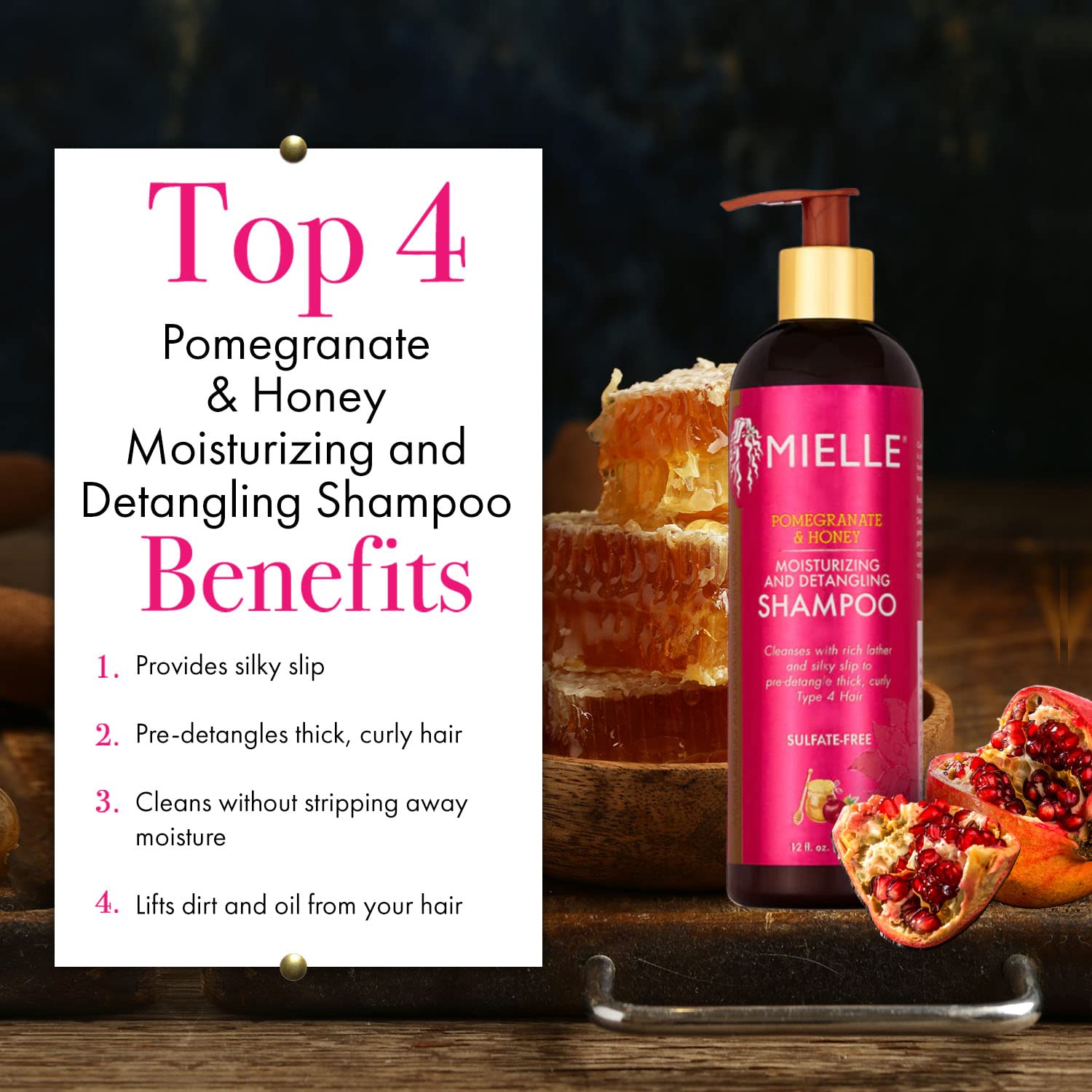 Mielle Organics Pomegranate Honey Detangling Conditioner, Moisturizing, For Dry, Damaged and Frizzy Hair, Treats Thick, Curly and Wavy Hair, Promotes Hair Growth   1 bottle 355ml