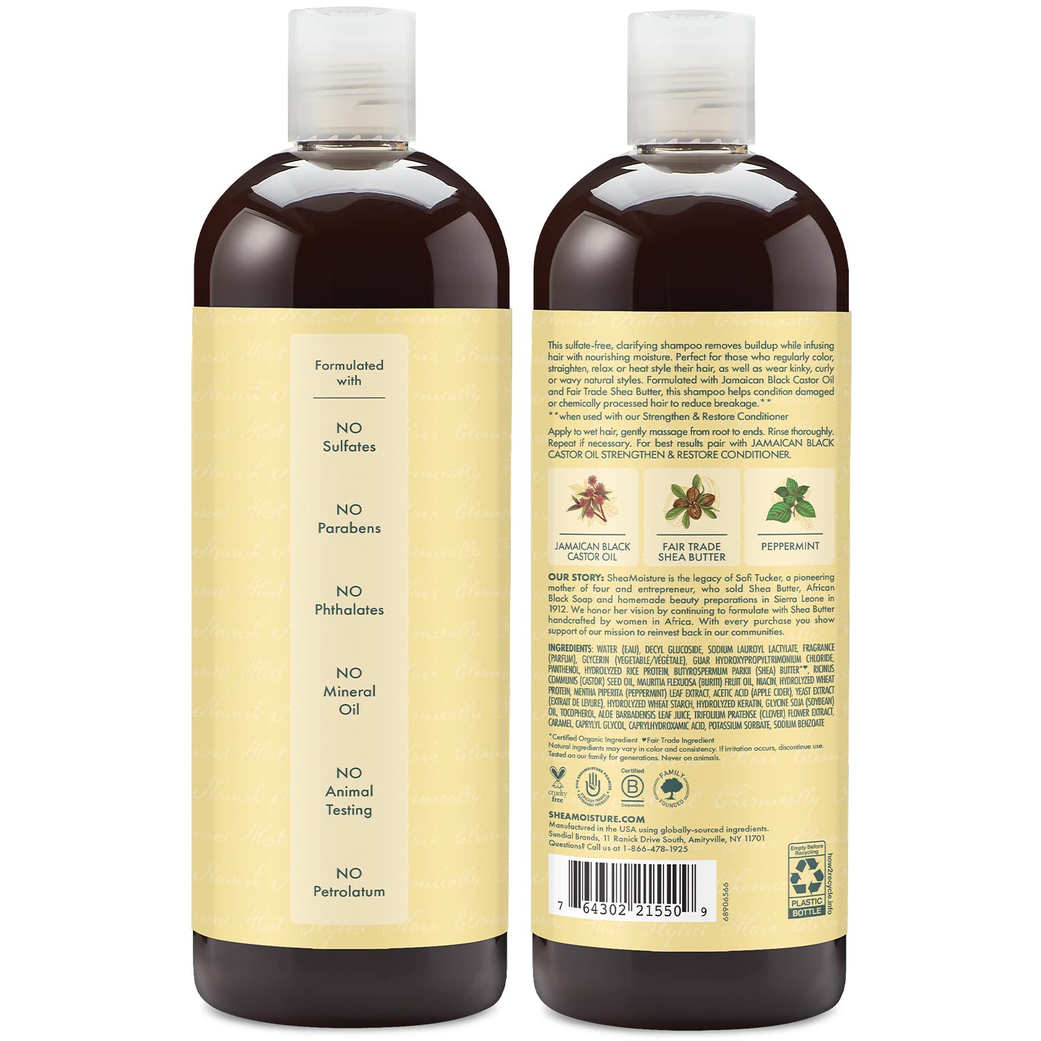 SheaMoisture Jamaican Black Castor Oil Strengthening Repair Shampoo, Shea Butter, Peppermint and Apple Cider Vinegar, Sulfate Free, Promotes Hair Growth  1bottle 473ml
