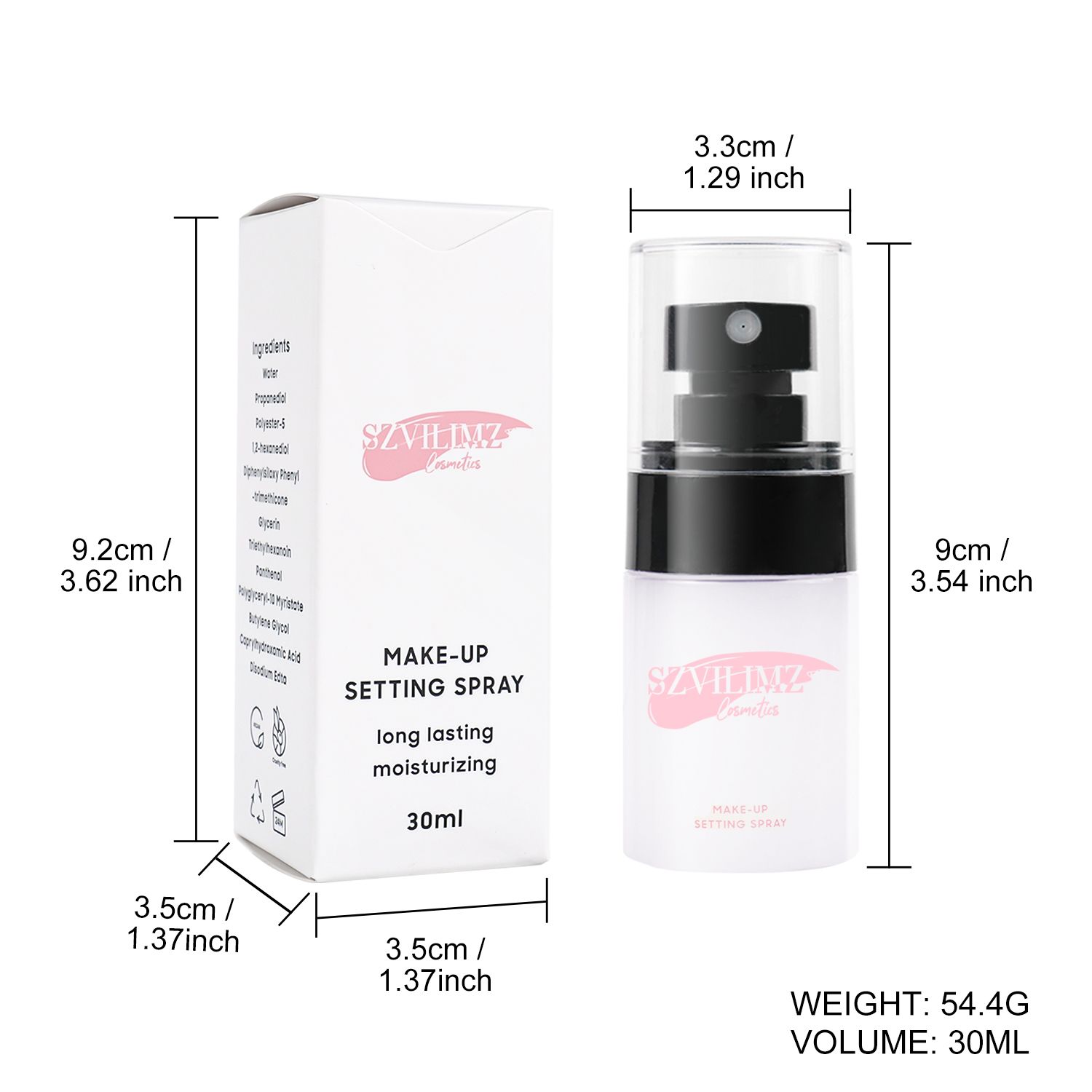 SZVILIMZ Long-lasting makeup Fast film-forming Adaptable to high temperature Oil control Waterproof and sweat-proof
Moisturizes the skin Evenly atomized