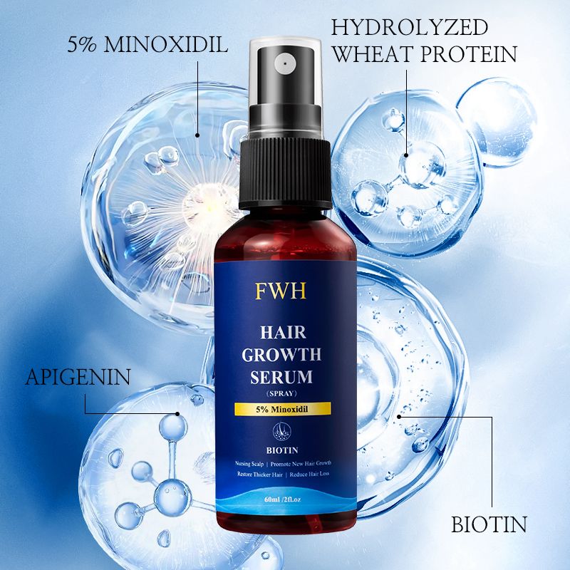 FWH Hair Growth Serum Spray - 5% Minoxidil and Biotin Formula, Promotes Hair Growth and Thicker Hair, Reduces Hair Loss, Nourishes Scalp, 1 bottle 60ml