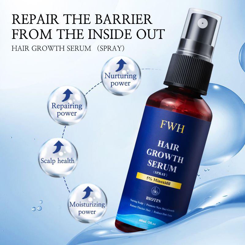 FWH Hair Growth Serum Spray - 5% Minoxidil and Biotin Formula, Promotes Hair Growth and Thicker Hair, Reduces Hair Loss, Nourishes Scalp, 1 bottle 60ml