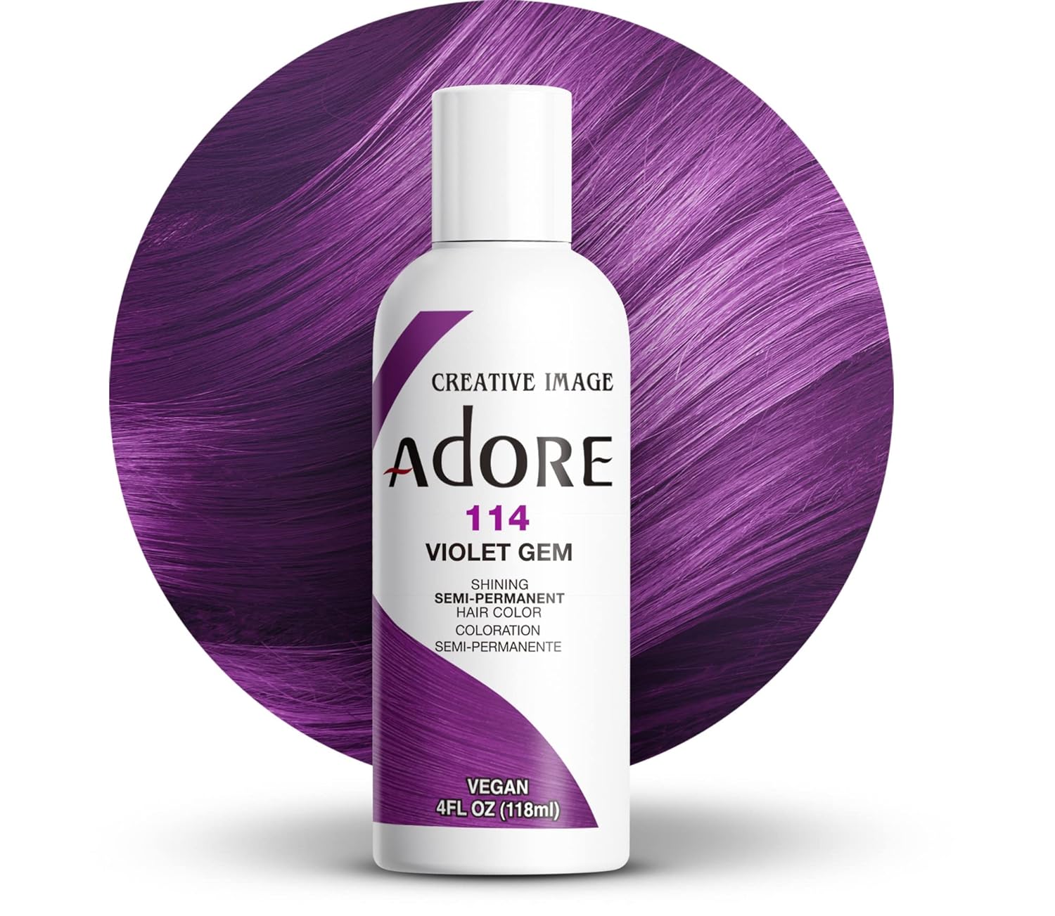 Adore 114 Violet Gem Semi - Permanent Hair Dye, Shining Vegan Formula, 1 bottle 118ml
