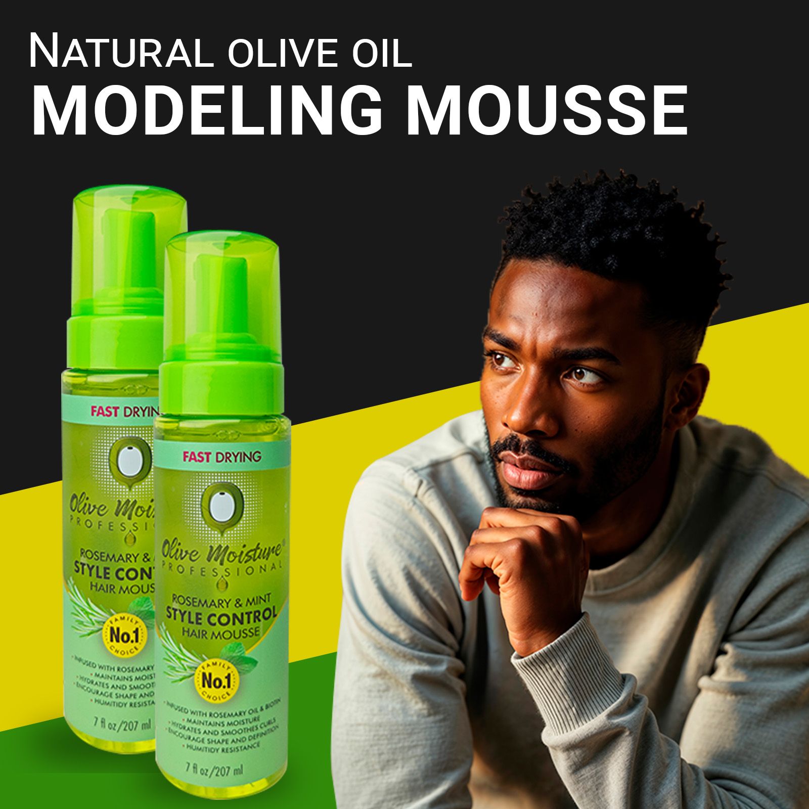 Natural Olive Moisturizing Professional Hair Styling Mousse, Natural Rosemary Mint Style Control, Quick Dry, 7 fl oz / 207 ml,