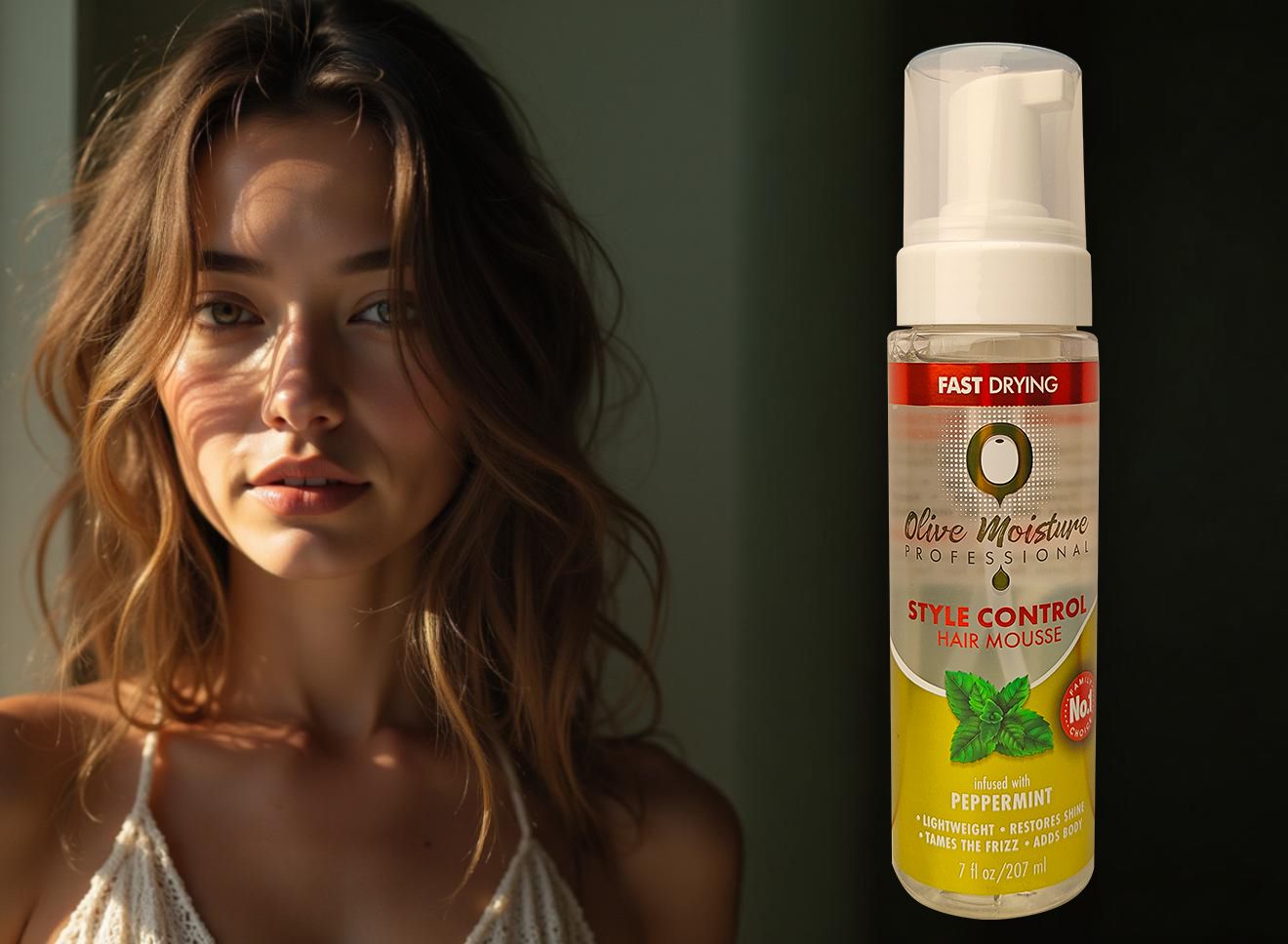 Natural Mint Olive Oil Moisturizing Mousse - Quick-drying, anti-frizz, enhances shine and volume 1 bottle 207ml