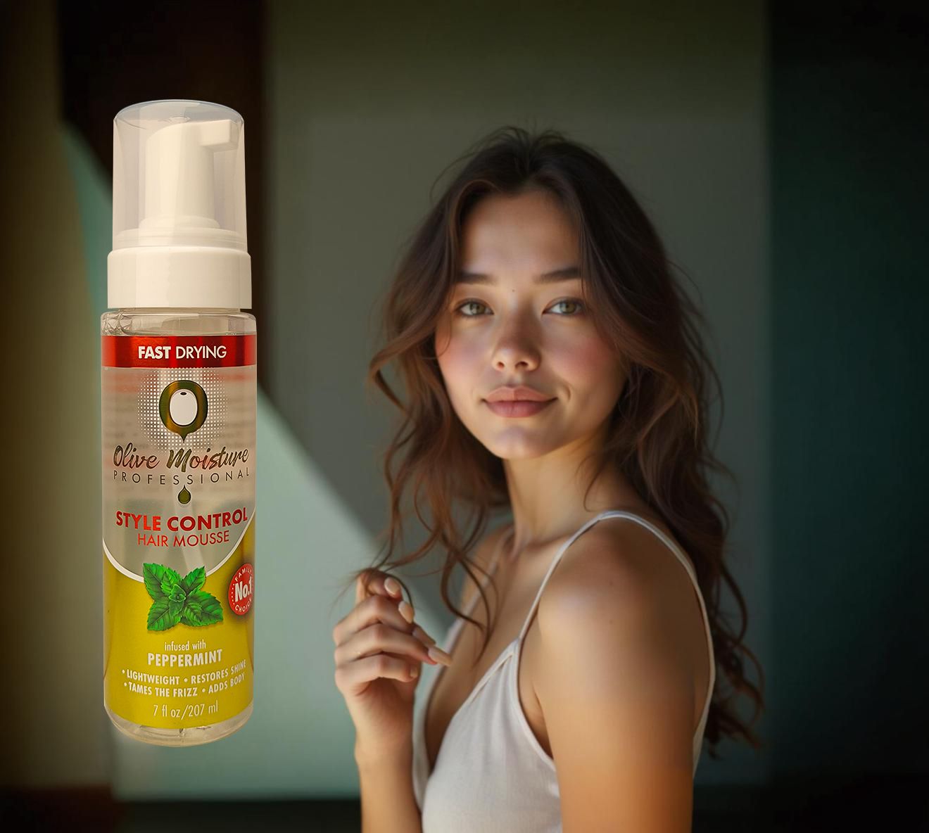 Natural Mint Olive Oil Moisturizing Mousse - Quick-drying, anti-frizz, enhances shine and volume 1 bottle 207ml