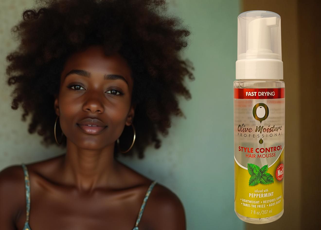 Natural Mint Olive Oil Moisturizing Mousse - Quick-drying, anti-frizz, enhances shine and volume 1 bottle 207ml