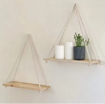 1PC Wooden Swing Hanging Hemp Rope Wall Shelve Mounted Floating Home Living Room Plant Flower Pot Tray Storage Garden Decoration