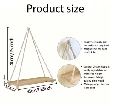 1PC Wooden Swing Hanging Hemp Rope Wall Shelve Mounted Floating Home Living Room Plant Flower Pot Tray Storage Garden Decoration